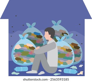 A man sitting in a messy room in a lethargic state