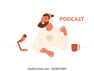 Man sitting with microphone and recording podcasts. Stylish male with headphones, heart print on his sweater, cup of coffee or tea on work desk. Online podcasting concept. Vector illustration.