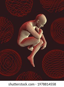 Man sitting in mid air. Balance and concentration. Artificial intelligence concept. Reflect on the future. Digital technology background. Voxel art. 3D vector illustration.