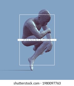 Man sitting in mid air on one leg. Balance and concentration. Artificial intelligence concept. Voxel art. 3D vector illustration.