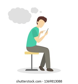 Man sitting with the mobile phone and chatting in social network. Smartphone addiction. Internet gobal connection. Isolated flat vector illustration