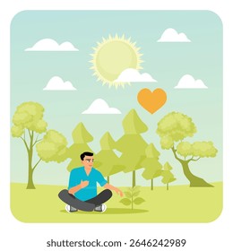 Um homem sentado na natureza cuidando de uma pequena muda dentro de uma floresta vibrante. Um símbolo de cuidado, conservação ambiental e amor pela natureza. O conceito de alterações climáticas.
