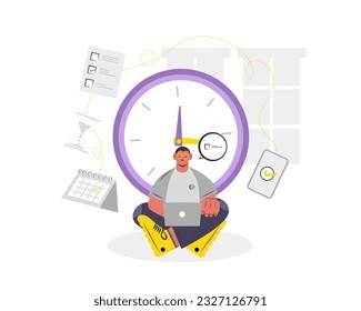 Man sitting near big clock and working on laptop. Productive business people actively doing office job, making planning on calendar. Time management concept. Vector illustration in flat design