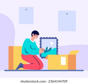 Man sitting near box and packing picture. Transportation of valuable fragile items. Moving concept. Flat vector illustration in blue colors in cartoon style