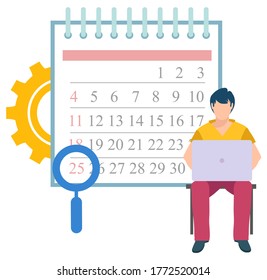 Man sitting near calendar with magnifying glass on certain date. Vector male with notebook and cogwheel, technology development, time management concept