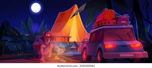 Man sitting near campfire, tent and car with baggage on roof at night. Cartoon vector dark dusk natural landscape with male tourist put wood on fire. Outdoor campsite adventure under moonlight.