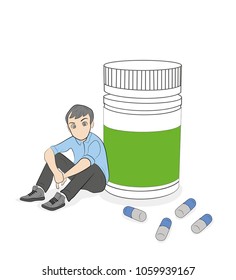 a man is sitting near a can of pills. vector illustration.