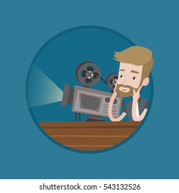 Man sitting near a film projector in the room projectionist. Caucasian projectionist showing new film. Young projectionist at work. Vector flat design illustration in the circle isolated on background