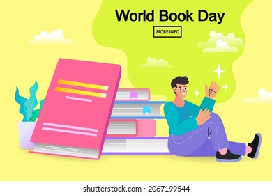 Man Sitting Near Giant Stack Of Books. Concept For A Book Festival, Fair, Reading Challenge. Online Reading Or Library, E-book, Online Education. World Book Reading Day Vector Illustration