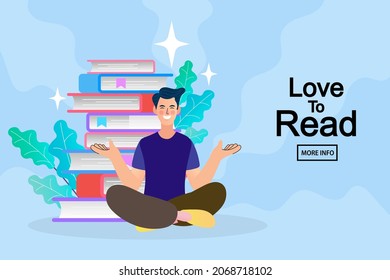 Man Sitting Near Giant Stack Of Books. Concept For A Book Festival, Fair, Reading Challenge. Online Reading Or Library, E-book, Online Education. World Book Reading Day Vector Illustration