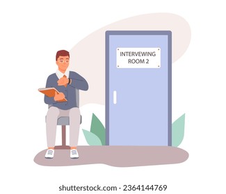 Man sitting near interviewing room and waiting for interview. Waiting for an interview. Work of human resources department. Flat vector illustration in cartoon style