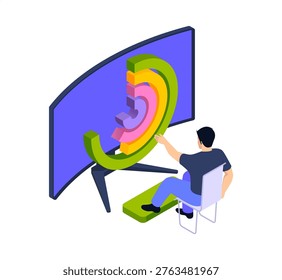 Man sitting near large display. Vector isometric male character examine pie chart on screen and study data. Guy focusing on diagrams and interpreting numbers. Office task and report analysis