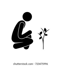 man sitting near a small tree, stick figure, isolated pictogram, vector
