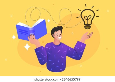 Un hombre sentado cerca de un montón de libros. Cartel del Día Mundial de la Lectura y la Alfabetización. Mercado de libros o concepto justo. Los jóvenes tienen idea. La gran idea es en forma de bombilla. vector