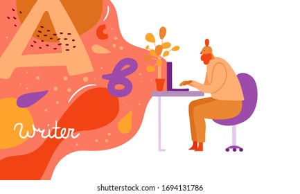 El hombre está sentado cerca de la mesa de trabajo y trabajando en su laptop. Escritor macho escribe texto. Composición abstracta con manchas brillantes y letras sobre fondo. Cartel con composición optimista simple.