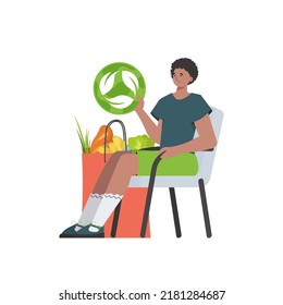 A man is sitting next to a bag of healthy food and is holding an EKO icon. Isolated on white background. Trend style, vector illustration.