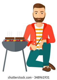 Man sitting next to barbecue grill vector flat design illustration isolated on white background. Vertical layout.