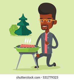 Man sitting next to barbecue grill in the park. An african-american man cooking steak on barbecue grill outdoors. Smiling man having a barbecue party. Vector flat design illustration. Square layout.