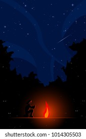 man sitting next to campfire in forest at night with stars in the sky