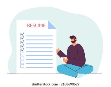 Man sitting next to huge resume flat vector illustration. Man writing CV to apply for job or vacancy. Career, interview, recruitment, employment concept for banner, website design or landing web