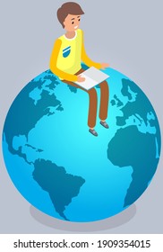 Hombre sentado con un cuaderno en el planeta tierra. El personaje masculino trabaja con la red global e Internet. Adolescente usa conexión inalámbrica. Guy proporciona Internet para conectar redes internacionales