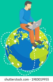 Man sitting with notebook on planet earth. Male character works with global network and Internet. Programmer uses wireless connection. Guy provides internet for connecting international networks