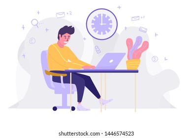 Man sitting with notebook working in internet. Freelancer guy with laptop in chair with clock and home plants. Infographic details on a background. Flat vector illustration.