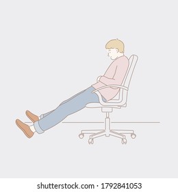 A man sitting in an office chair. male character sitting in wrong posture. incorrect posturing. Pastel line vector illustration set. Office ergonomics cartoon. Reclining Stretching legs