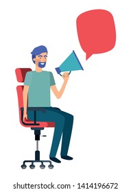man with sitting in office chair and megaphone