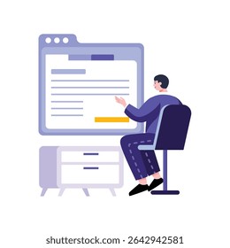 Man sitting in an office chair points at a violet screen graphic, presented in a minimalist flat design with a bright, clean aesthetic, ideal for illustrating work process and technology concepts.