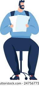 Man sitting office chair reading document large male blue shirt navy pants black suspenders. Cartoon character work environment large document focused attention detailed analysis. Professional adult