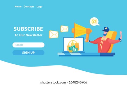 Man Sitting at Office Desk Announcing in Megaphone Offering Subscribe to Newsletter. Laptop with Banknotes and Coins on Screen. Email Marketing, Earning Money Online. Landing Page. Vector Illustration