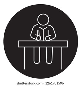 Man sitting at office desk black vector concept icon. Man sitting at office desk flat illustration, sign