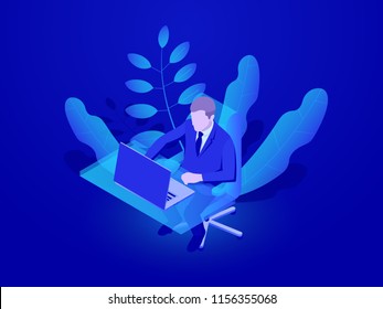 Man sitting at the office Desk, business concept, job and search for employees, work at the computer, Analytics and statistics isometric vector illustration