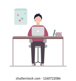Man sitting at office desk with computer. Working man character. Office environment: laptop, office table, books and timetable on white background. Flat design vector illustration.