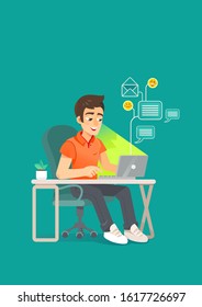Man Sitting at Office Desk at Computer People Using Laptop and Internet Network Technology for Work Employee Workplace in Office Space Flat Vector Illustration