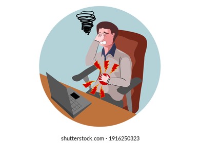 un hombre está sentado en la oficina. Él siente dolor de estómago por el estrés. El estrés cerebral provoca más ácido estomacal. Ilustraciones diseñadas para banners web y publicaciones médicas y de salud.