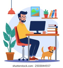 a man sitting in an office with him dog, working on a laptop at a desk