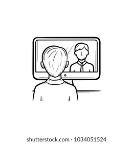 Man sitting in the office running video conference vector hand drawn outline doodle icon. Man conferencing in the office sketch illustration for print, web, mobile and infographics isolated on white
