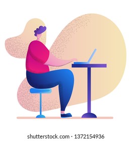 Man is sitting in the office workplace or cafe with laptop . man working on a laptop computer at his clean and sleek office desk. Flat style color modern vector illustration