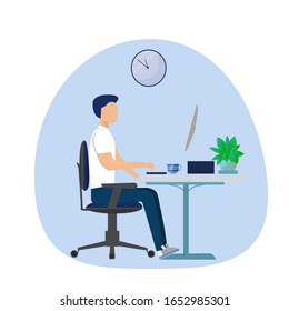 Man sitting in ofice near computer. Correct comfortable position. Working character. Stylish vector illustration