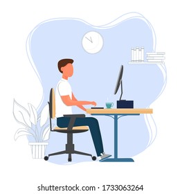 Man sitting in ofice near computer. Correct comfortable position. Working character. Stylish vector illustration