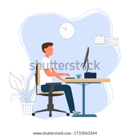 Man sitting in ofice near computer. Correct comfortable position. Working character. Stylish vector illustration