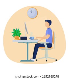 Man sitting in ofice and working on computer. Correct comfortable position. Vector clipart of character in interior