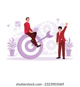 The man is sitting on an archery target, and a businessman is shooting arrows at a target. Concept of target and business goal. Trend Modern vector flat illustration.