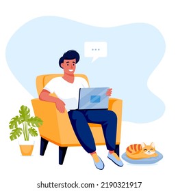Man sitting on arm-achair and works on laptop. Young guy freelancer and sleeping red cat at home. Vector flat cartoon characters illustration. Online education or remote computer work concept