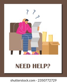 Man sitting on armchair and confused by assembly instruction, manual. Need help of furniture assembly service vector cartoon illustration. Large boxes of furniture pieces. Poster Need help in frame