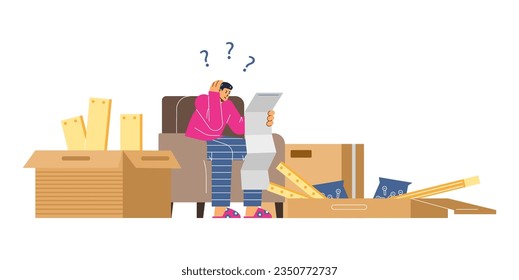 Man sitting on armchair and confused by assembly instruction, manual. Need help of furniture assembly service vector cartoon illustration. Large boxes of furniture pieces isolated on white