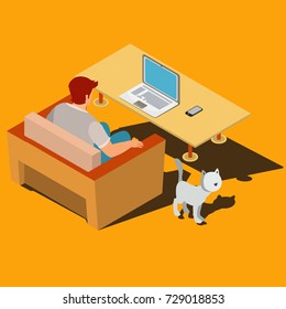 Man sitting on the armchair at desk, looking at the monitor, working on laptop isometric vector illustration. Male pc user, home, distant work or study, IT related profession or freelance 3d concept