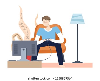 Man sitting on armchair and playing video games vector person relaxing on weekends digital entertainment of male with joypad at hands tv monitor lamp and foliage decoration of living room home.
